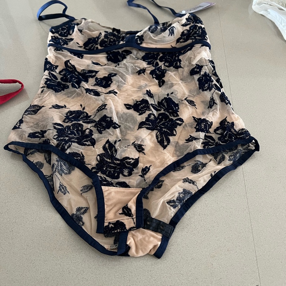 Elegant Navy Floral Lace Bodysuit